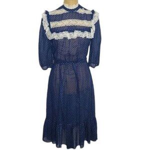 Vintage Navy Blue White Prairie Cottagecore Dress